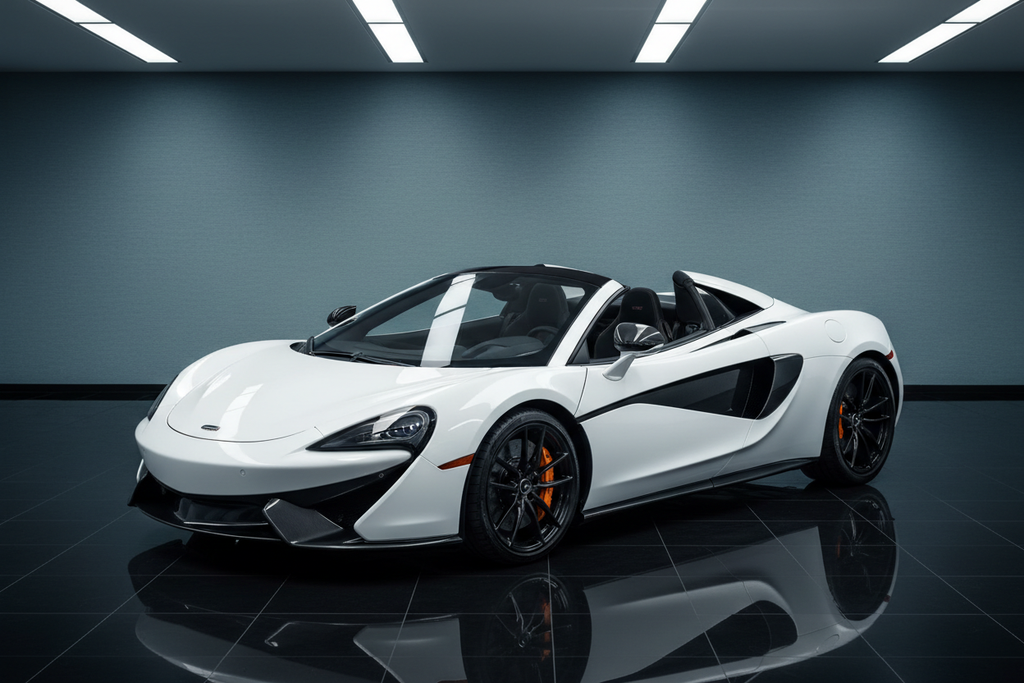 White McLaren 570S - Black Wheels Orange Calipers - High Angle